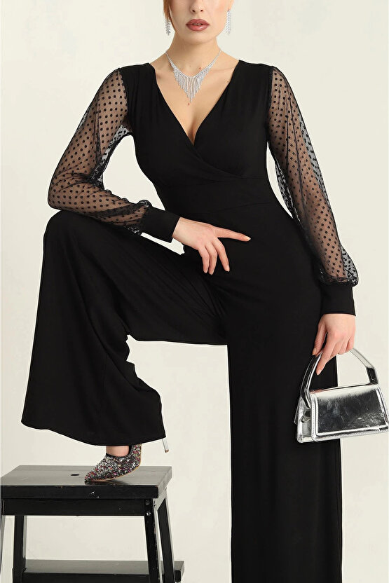 MDB Kadın Derin V Yaka Kolları Puantiyeli Tül Detay Ispanyol Paça Tulum