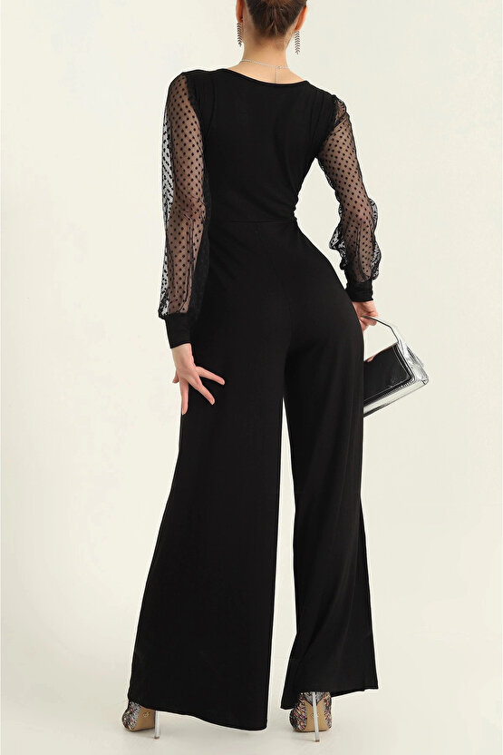 MDB Kadın Derin V Yaka Kolları Puantiyeli Tül Detay Ispanyol Paça Tulum