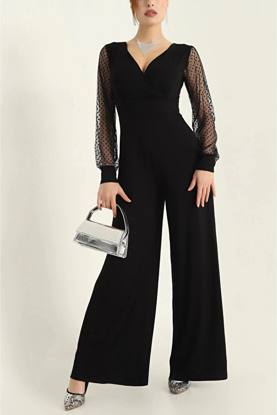 MDB Kadın Derin V Yaka Kolları Puantiyeli Tül Detay Ispanyol Paça Tulum