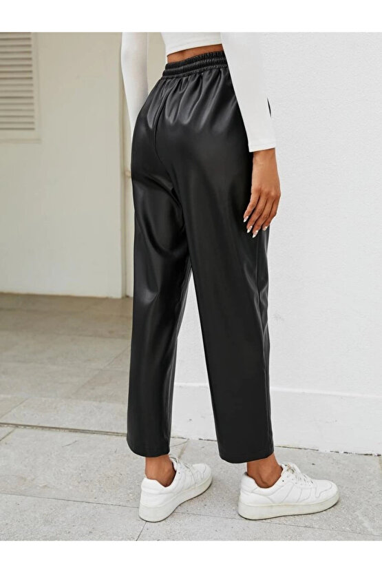 MDB Kadın Yüksel Bel Bağcıklı Deri Pantolon