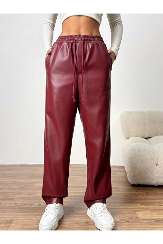 Kadın Yüksel Bel Bağcıklı Deri Pantolon