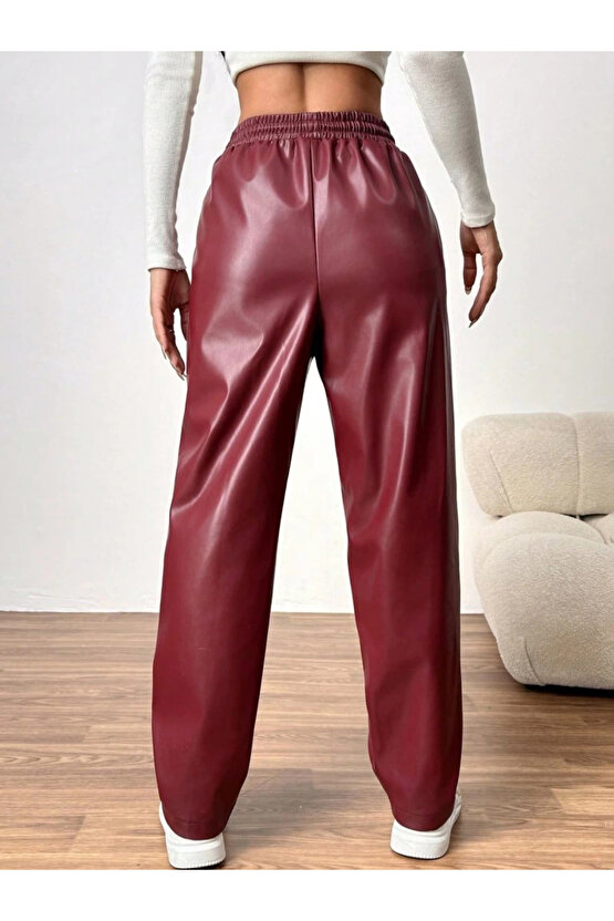 Kadın Yüksel Bel Bağcıklı Deri Pantolon