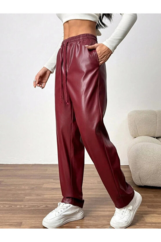 Kadın Yüksel Bel Bağcıklı Deri Pantolon