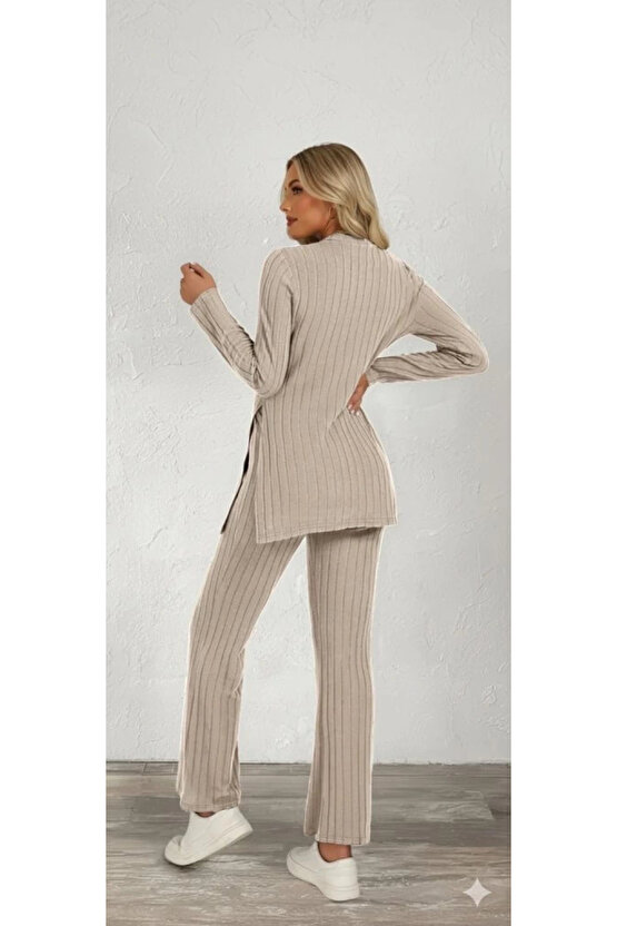 Kadın Uzun Kollu Bisiklet Yaka Yandan Yırtmaçlı şardonlu Kaşkorse Bluz Ve Pantolon Ikili Takım