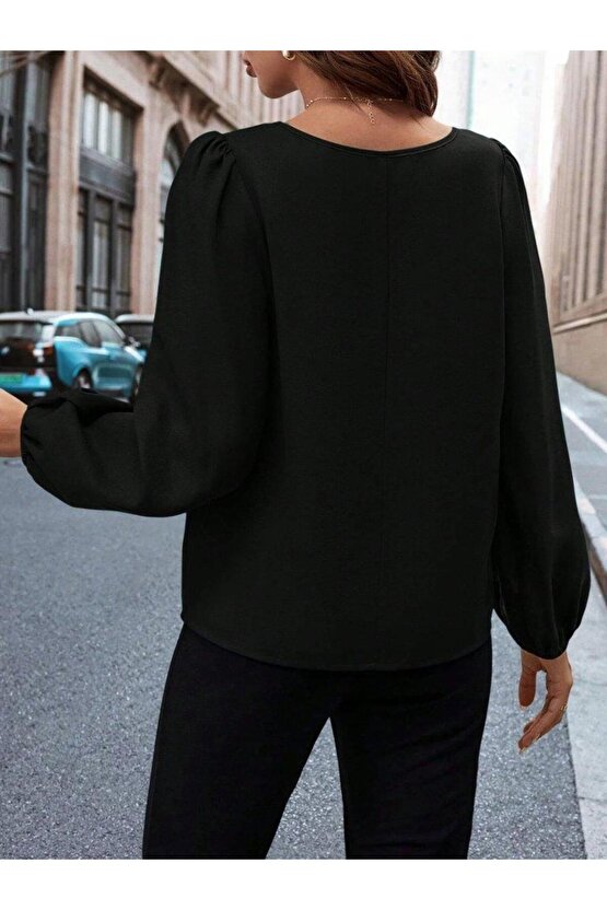 Kadın Uzun Kollu Damla Detaylı Ithal Krep Bluz
