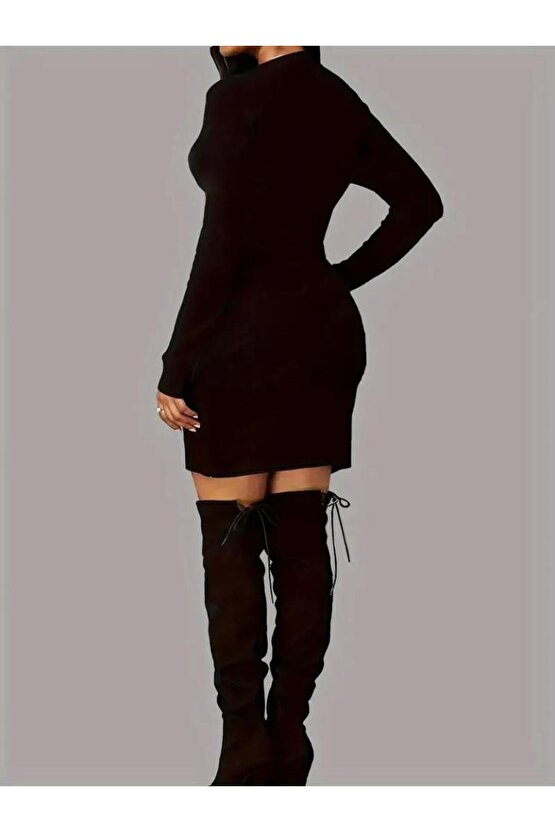 Kadın Uzun Kollu Bisiklet Yaka Kelebek Desenli Kısa Viskon Iki Iplik Elbise