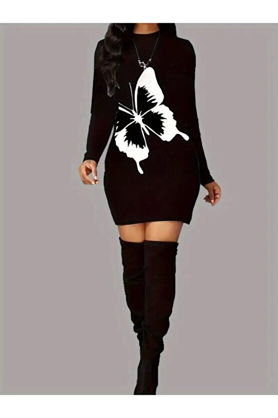 Kadın Uzun Kollu Bisiklet Yaka Kelebek Desenli Kısa Viskon Iki Iplik Elbise