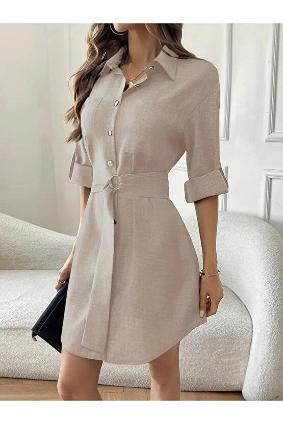 Kadın Uzun Kollu Yakalı önden Düğmeli Beli Kuşaklı Mini Ithal Keten Elbise