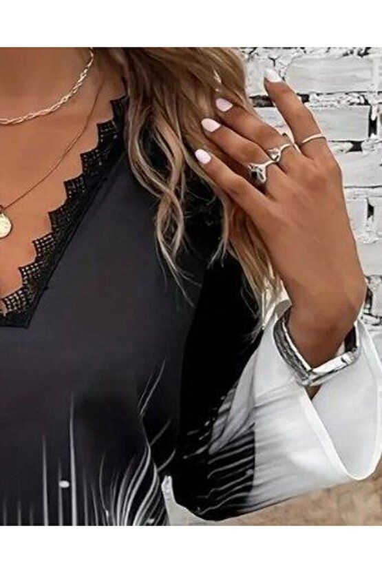 Kadın Uzun Kollu V Dantel Yaka Desenli Modal Bluz