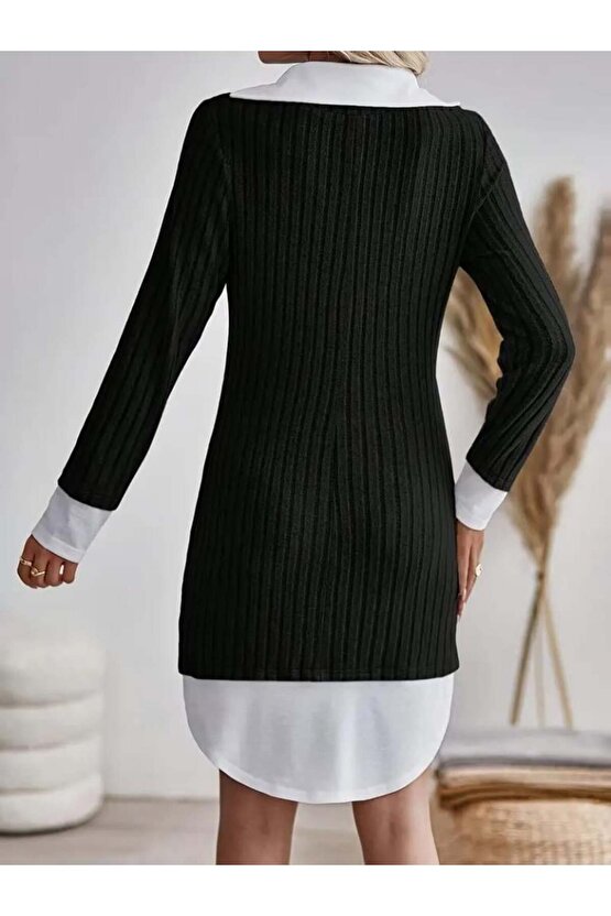 Kadın Uzun Kollu Yakalı şardonlu Kaşkorse Dokuma Detaylı Elbise