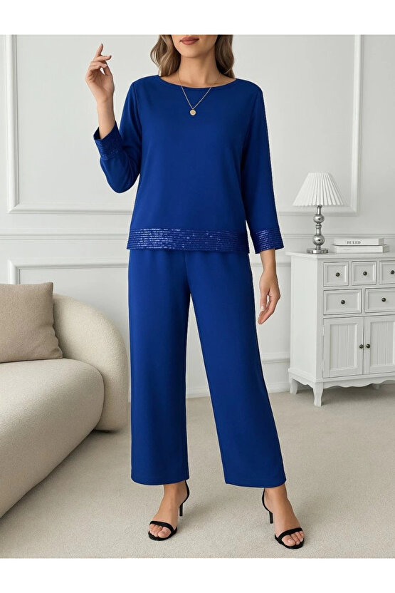 MDB Kadın Uzun Kollu Bisiklet Yaka Pulpayetli Viskon Iki Iplik Bluz Ve Pantolon Ikili Takım