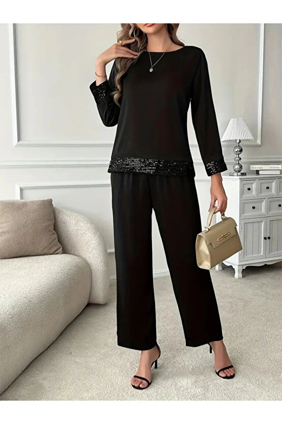 Kadın Uzun Kollu Bisiklet Yaka Pulpayetli Viskon Iki Iplik Bluz Ve Pantolon Ikili Takım