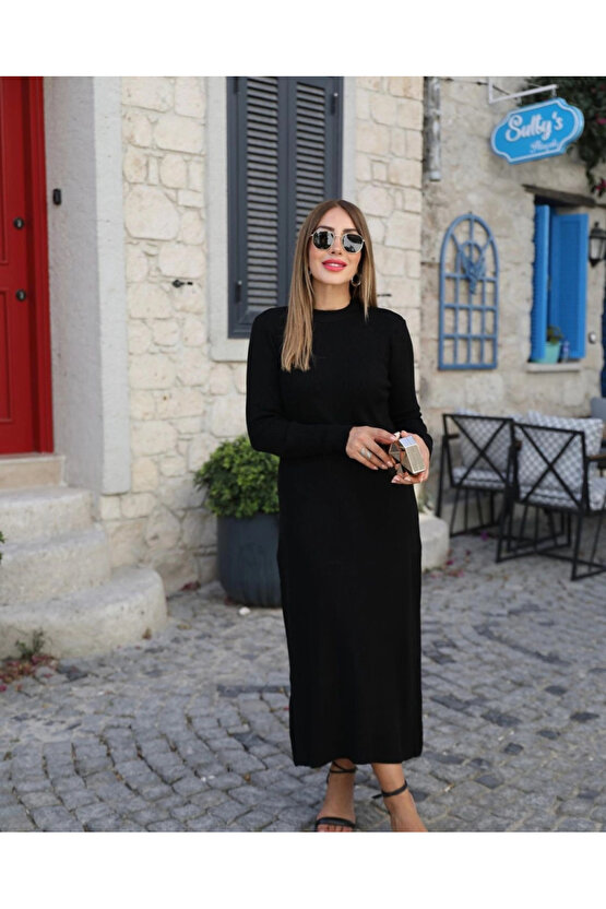 Kadın Uzun Kollu Yarı Balıkçı Yaka Arkadan Pencere Detaylı Bağcıklı Midi Triko Elbise