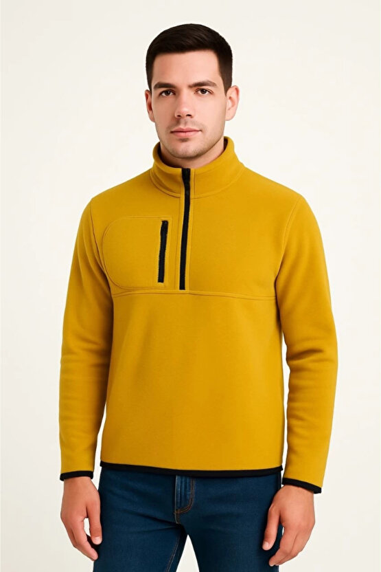 MDB Erkek Polar Kazak – Dik Yaka, Yarım Fermuarlı, Fermuarlı Göğüs Cepli, iyah Biyeli, Kışlık Rahat