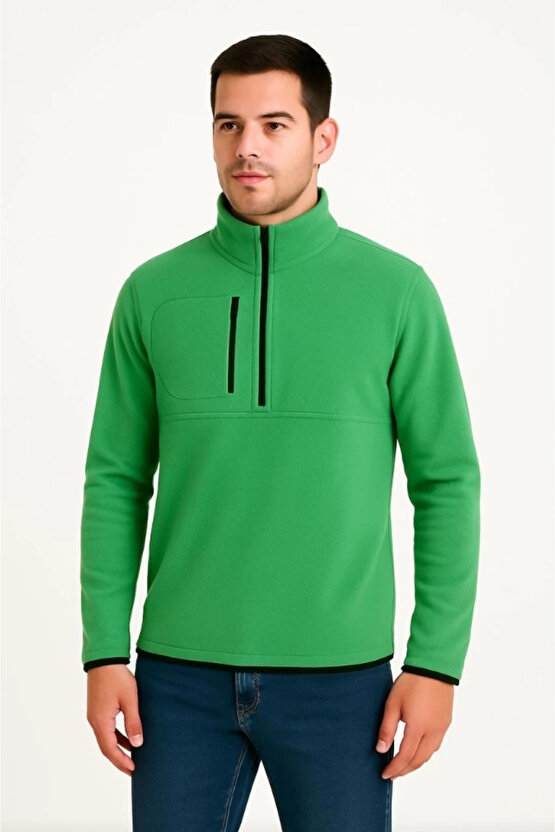 MDB Erkek Polar Kazak – Dik Yaka, Yarım Fermuarlı, Fermuarlı Göğüs Cepli, iyah Biyeli, Kışlık Rahat