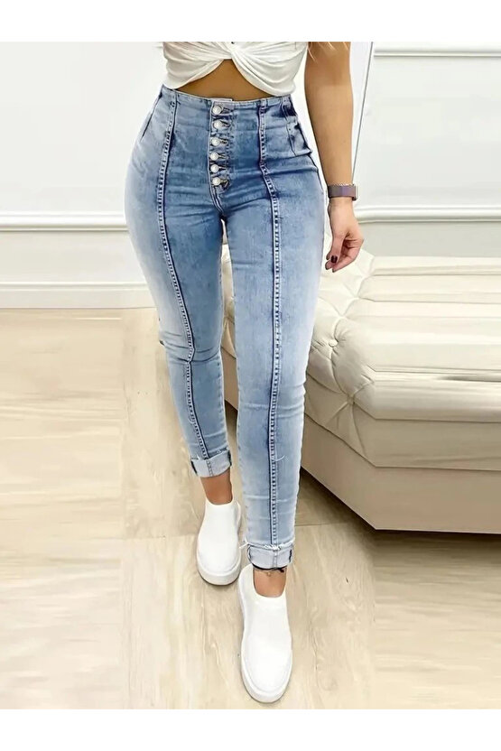 Kadın Yüksek Bel önden Düğmeli Jean Pantolon
