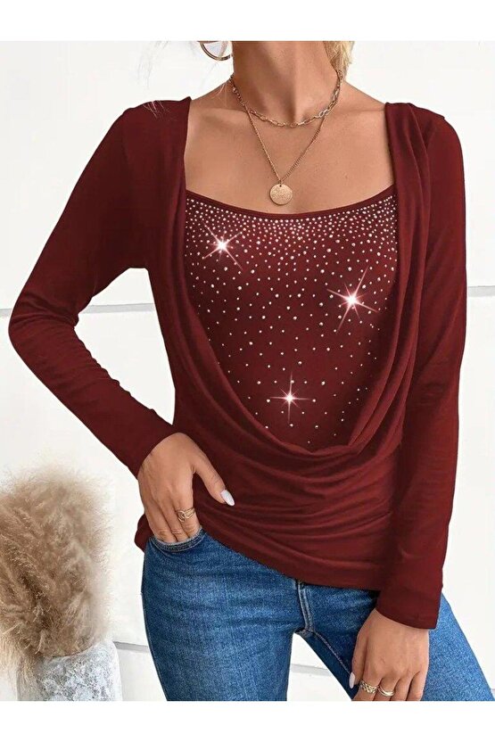 Kadın Uzun Kollu Derin Degaje Yakalı Taşlı Sandy Bluz