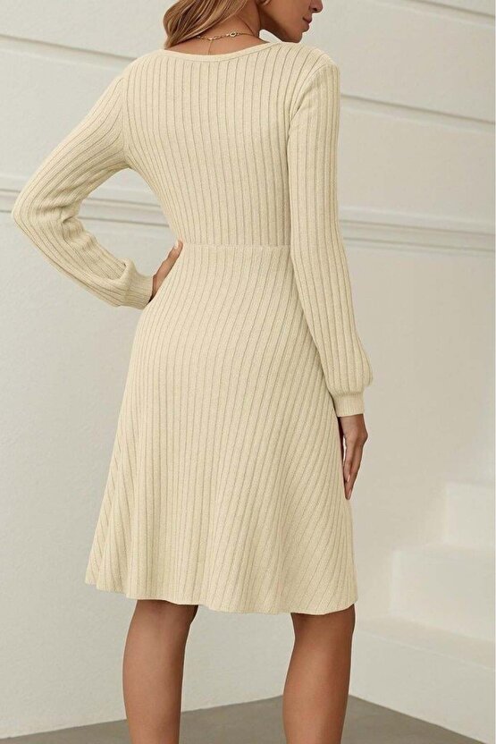 Kadın Uzun Kollu Kare Yaka Düğmeli Kısa şardonlu Iki Iplik Mini Elbise