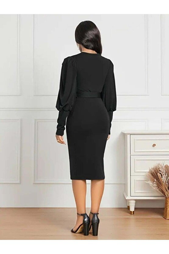 Kadın Uzun Kollu Bisiklet Yaka Beli Kuşaklı Ithal Krep Midi Elbise