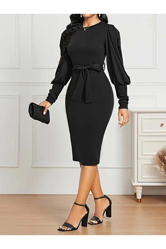 Kadın Uzun Kollu Bisiklet Yaka Beli Kuşaklı Ithal Krep Midi Elbise
