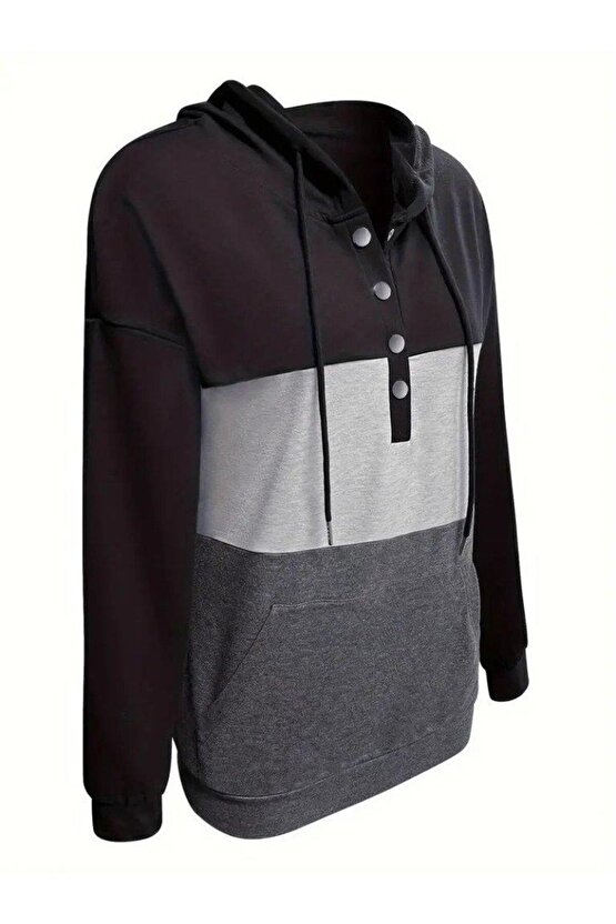 Kadın Uzun Kollu Kapşonlu çok Renkli Iki Iplik Bluz