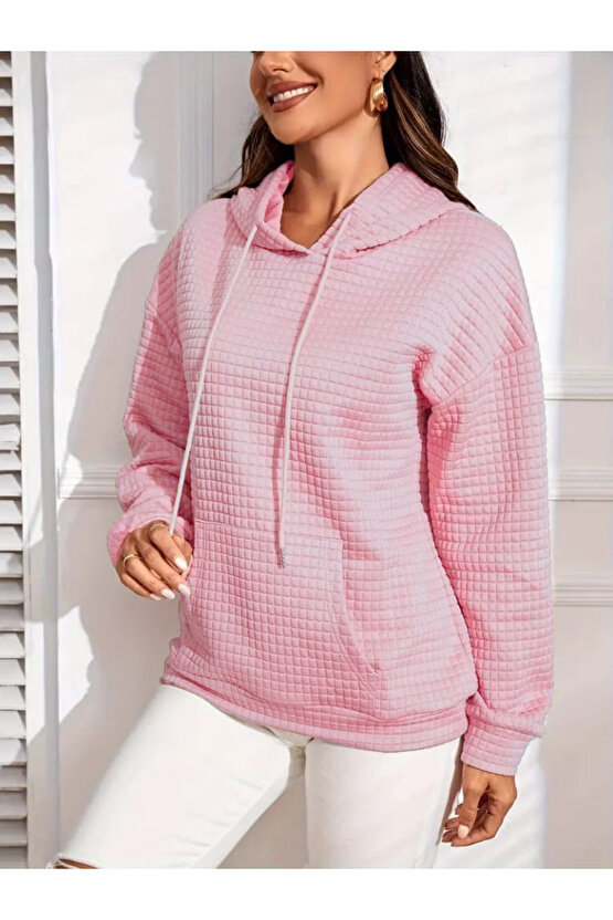 Kadın Uzun Kollu Kapşonlu Bağcıklı Cepli Capitone Sweatshirt