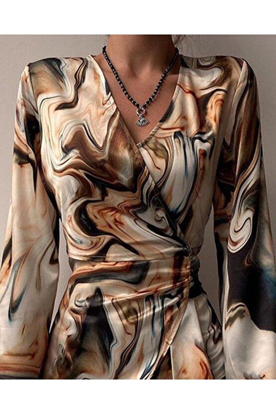 Kadın Uzun Kollu Kruvaze Yakalı Asimetrik Detaylı Mini Modal Elbise