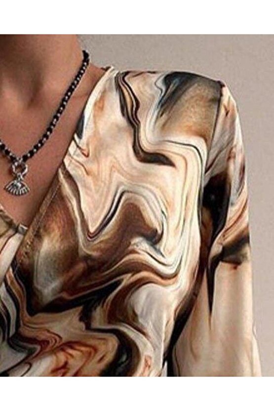 Kadın Uzun Kollu Kruvaze Yakalı Asimetrik Detaylı Mini Modal Elbise