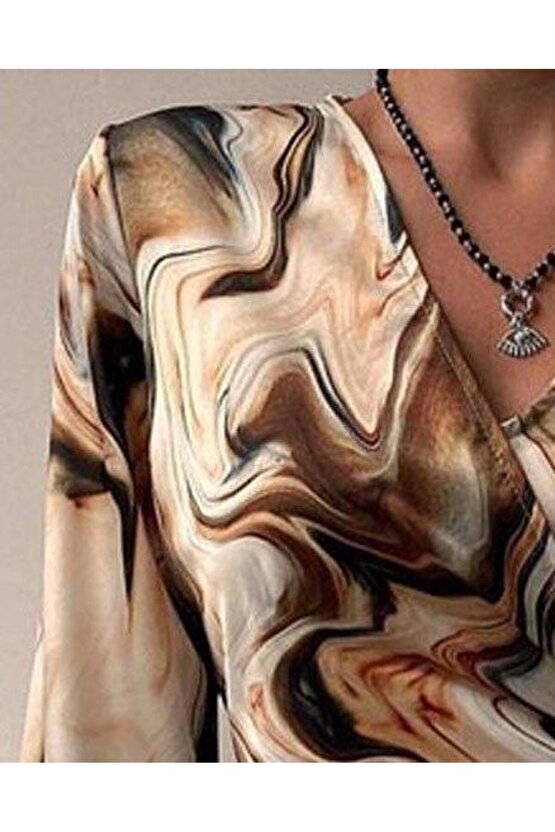 Kadın Uzun Kollu Kruvaze Yakalı Asimetrik Detaylı Mini Modal Elbise