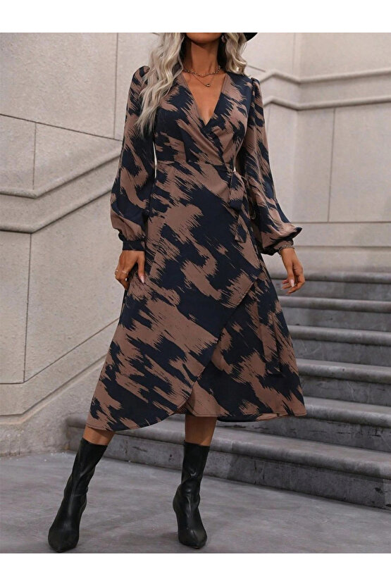 Kadın Uzun Kollu Kruvaze Yakalı Yandan Bağlamalı Desenli Mini Modal Elbise