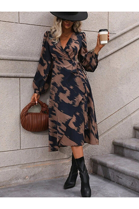 Kadın Uzun Kollu Kruvaze Yakalı Yandan Bağlamalı Desenli Mini Modal Elbise