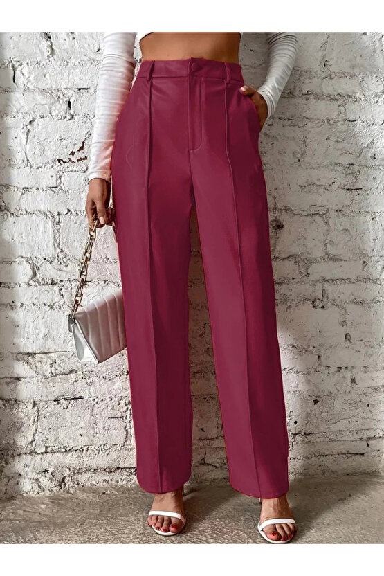 Kadın önden Fermuarlı Cepli Geniş Kesim Lame Deri Pantolon