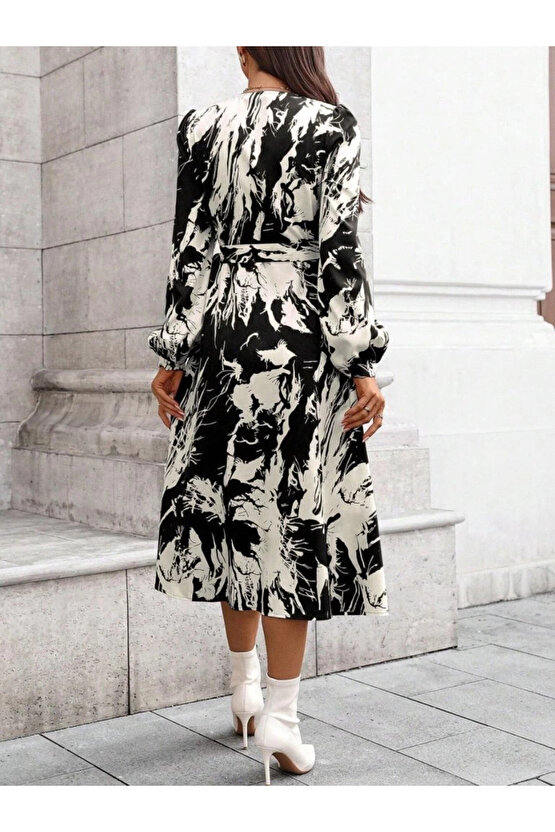 MDB Kadın Uzun Kollu Kruvaze Yakalı Yandan Bağlamalı Desenli Mini Modal Elbise