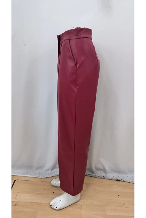 MDB Kadın önden Fermuarlı Cepli Geniş Kesim Lame Deri Pantolon