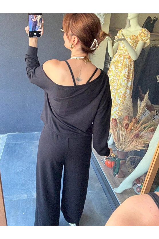 Kadın Uzun Kollu Tek Omuzdan Açık Viskon Iki Iplik Bluz Ve Pantolon Ikili Takım