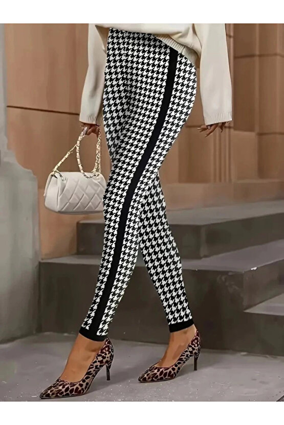 Kadın Yüksek Bel Kaz Ayağı Desenli Yanları şeritli Dalgıç Pantolon