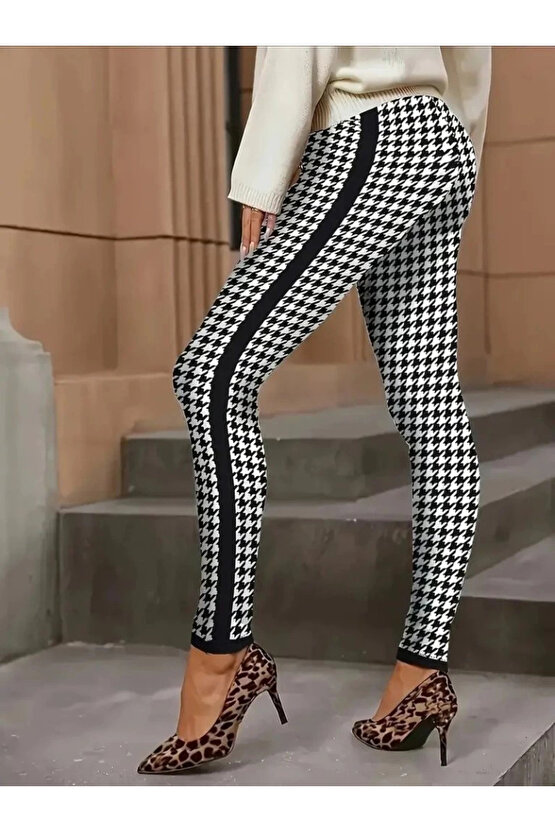 Kadın Yüksek Bel Kaz Ayağı Desenli Yanları şeritli Dalgıç Pantolon