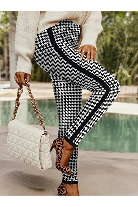 Kadın Yüksek Bel Kaz Ayağı Desenli Yanları şeritli Dalgıç Pantolon