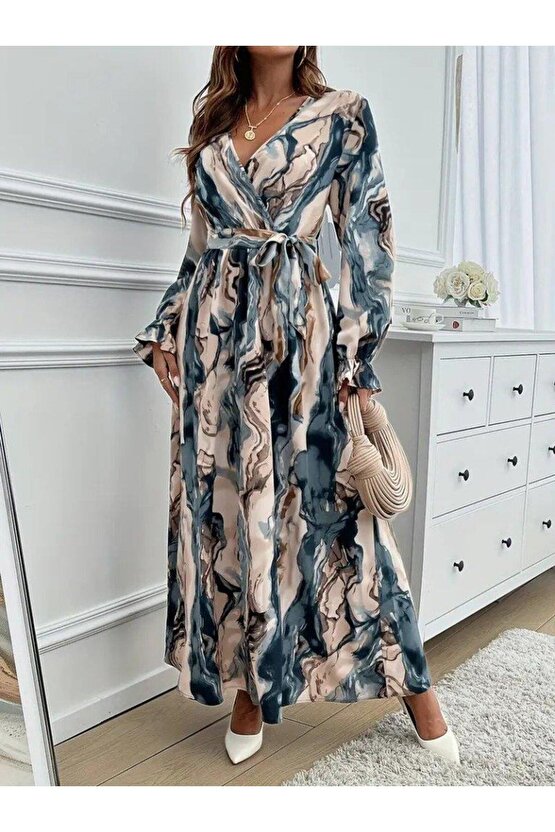 Kadın Uzun Kollu Kruvaze Yakalı Beli Kuşaklı Desenli Süprem Maxi Elbise