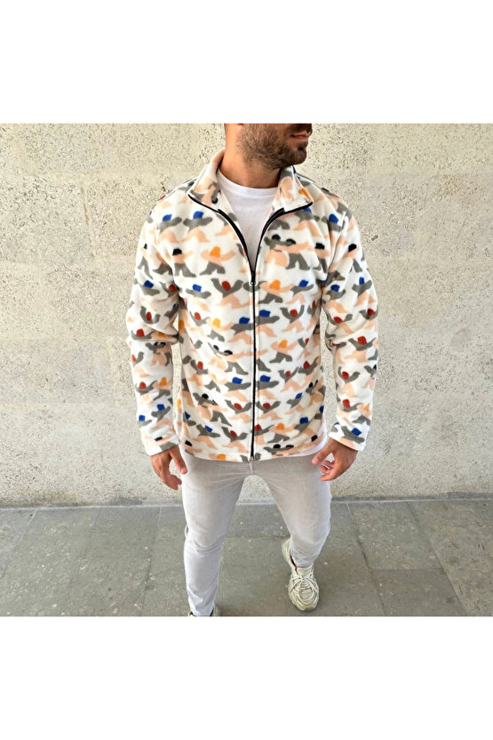 Erkek Tam Fermuarlı Desenli Polar Sweat – Siyah Multicolor Figür Desen Yakalı, Uzun Kollu, Oversize