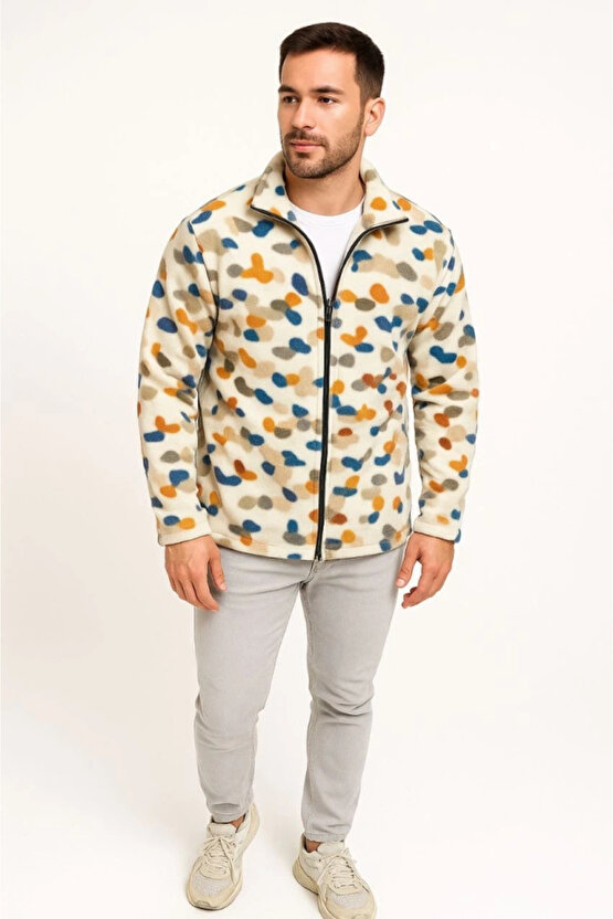 Erkek Tam Fermuarlı Desenli Polar Sweat – Siyah Multicolor Figür Desen Yakalı, Uzun Kollu, Oversize