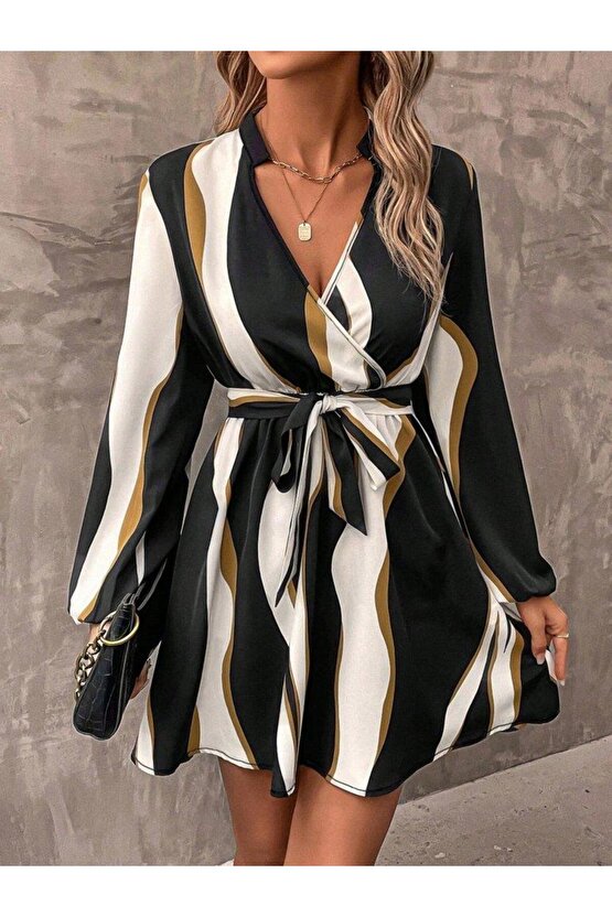 Kadın Uzun Kollu Kruvaze Yakalı Desenli Modal Mini Elbise