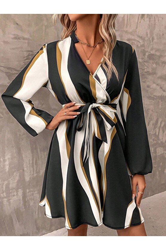 Kadın Uzun Kollu Kruvaze Yakalı Desenli Modal Mini Elbise