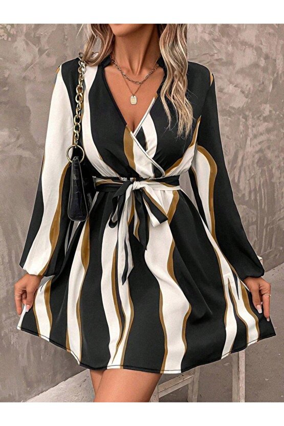 Kadın Uzun Kollu Kruvaze Yakalı Desenli Modal Mini Elbise