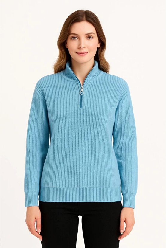 KADIN Yarım Fermuarlı Triko Kazak – Selanik Örgü, Dik Yaka, Pamuklu Dokuma, Oversize Uzun Kollu Kışl