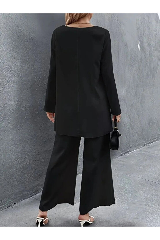 Kadın Uzun Kollu Asimetrik Detaylı Salaş Sandy Bluz Ve Pantolon Ikili Takım