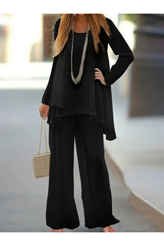 Kadın Uzun Kollu Asimetrik Detaylı Salaş Sandy Bluz Ve Pantolon Ikili Takım