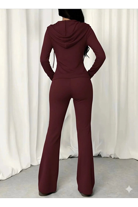 Kadın Uzun Kollu Kapşonlu Bağcıklı önü Fermuarlı Viskon Iki Iplik Bluz Ve Pantolon Ikili Takım