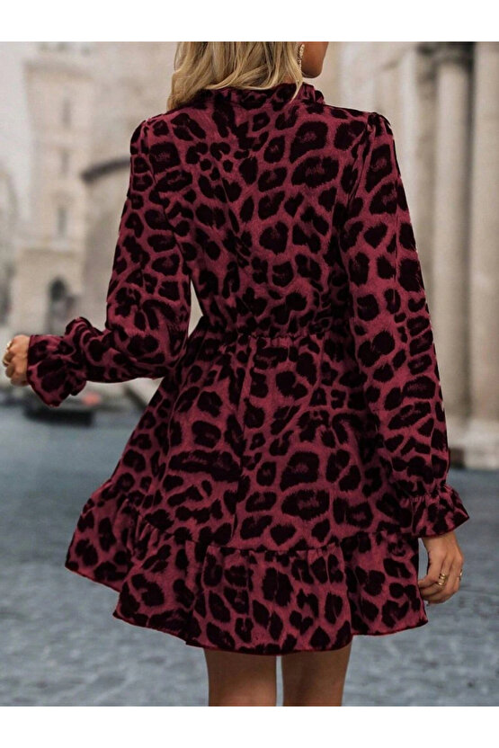 Kadın Uzun Kollu Yakadan Bağcıklı Modal Leopar Desenli Mini Elbise