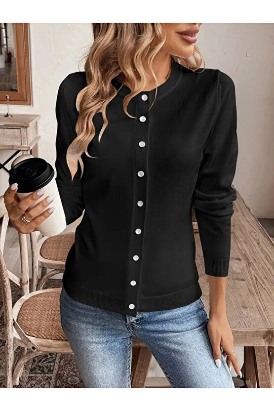 Kadın Uzun Kollu önden Düğmeli Triko Ceket